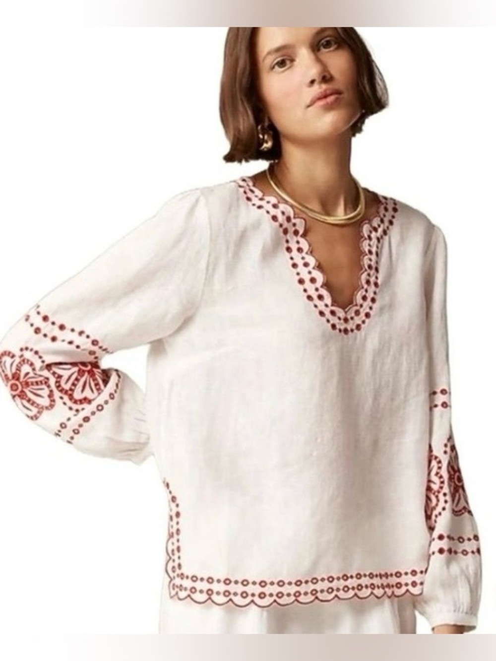 Solitaire White Embroidered V-Neck Rayon/Linen Top with Red Accents